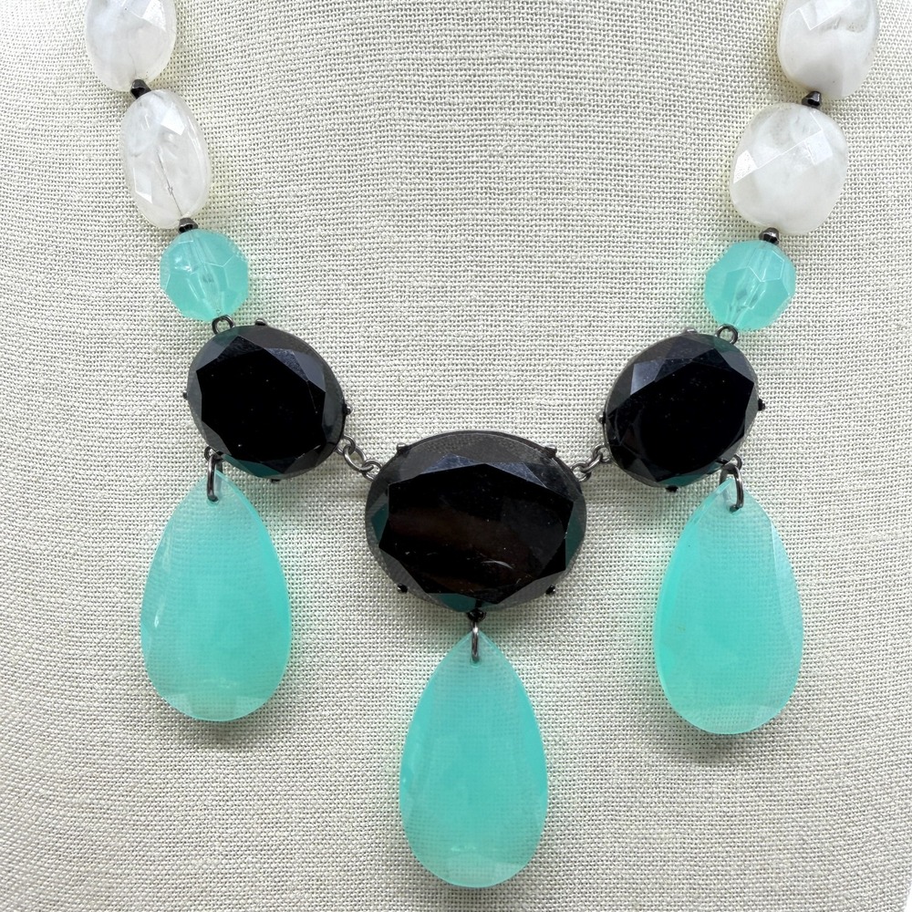 Statement Necklace Black and Teal Teardrop Beads White Accent Stones Boho Chic